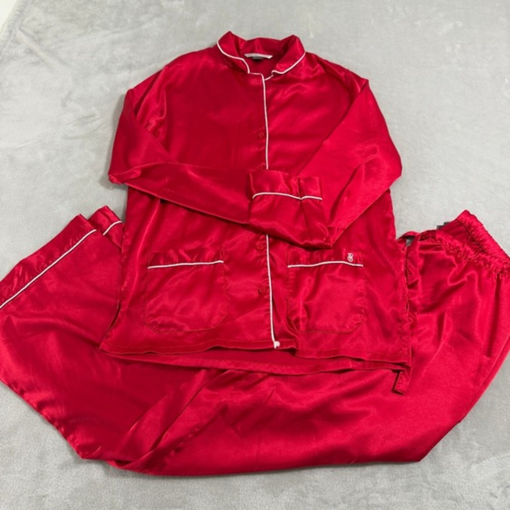 Victoria's Secret Red Satin Pajama Set Y2K‎ Button Front Long Sleeve Pants XS